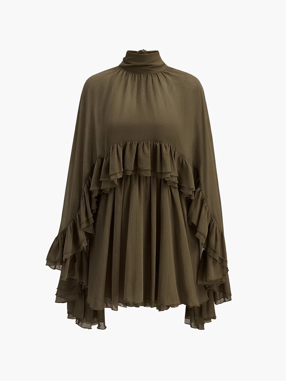 136 Semi-Sheer Chiffon Ruffle Dress With Outer Cape